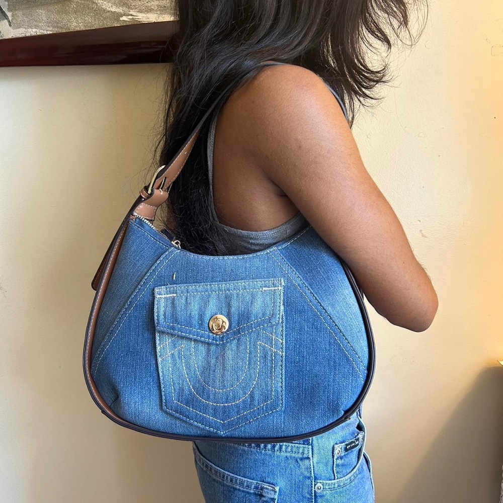 True Religion Denim/Leather Hobo Handbag Armpit Shoulder Bag Purse NWT - Picture 1 of 5
